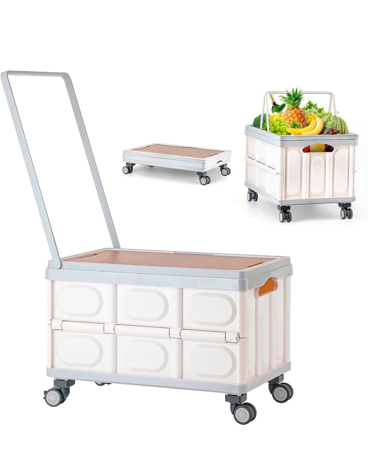 Foldable Utility Cart with Wooden Cover,Folding Portable Rolling Crate with 360° Swivel Wheels,Foldable Camping Basket Supplies,Portable Storage Crate
