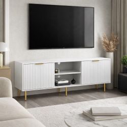 New TV Stand for Living Room Bedroom, Modern Fluted Waveform Doors TV Console with Sliding Doors & Adjustable Shelves, White  New in box ST6- BLWDSG34