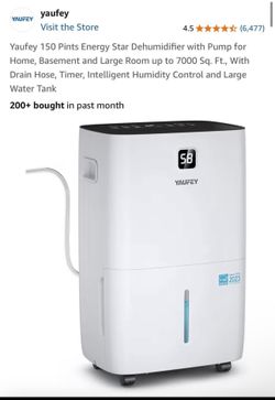 Yaufey 150 Pints Energy Star Dehumidifier with Pump for Home, Basement and Large Room up to 7000 Sq