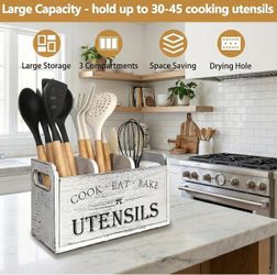 Wooden Utensil Holder for Kitchen Counter Decor,Extra Large Kitchen Utensil Holder Silverware Caddy Farmhouse Wood Cutlery Holder Cooking Utensil Stan