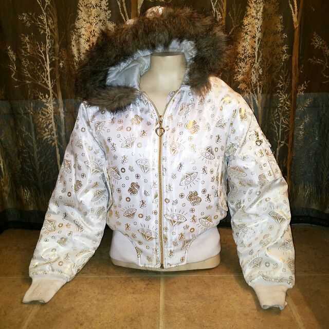 NEW Lady's M Gangster Louis Vuitton Style White+Gold Padded Hoodie