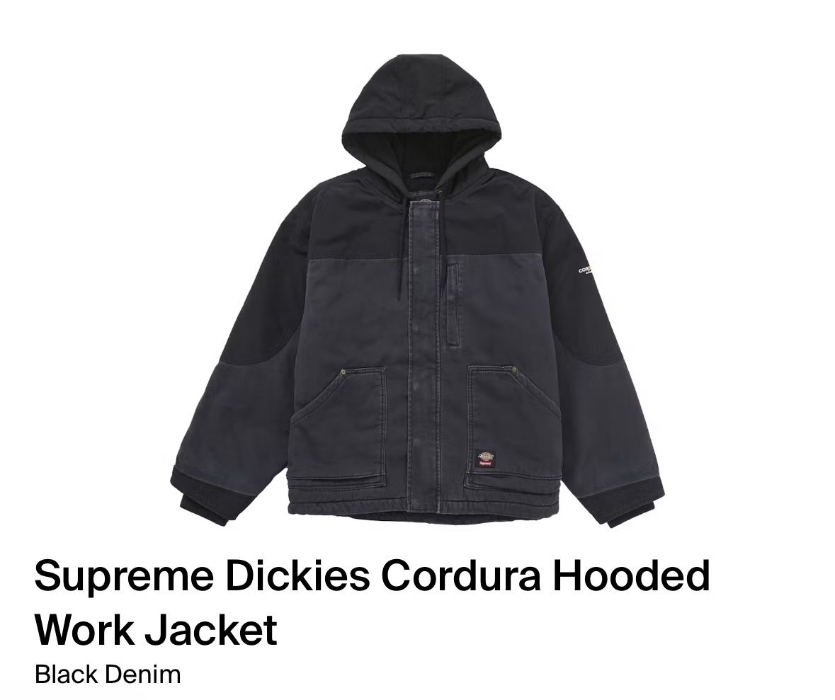 Supreme FW 25 Week 4 size LSupreme Dickies Cordura Hooded Work Jacket Black Denim