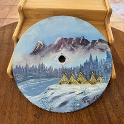 8”nch hand painted saw blade a Winter Scene Rockies And Teepees Signed 