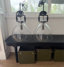 Pair of RH Restoration Hardware Modern Machinist Glass Cloche Pendant Lights – 14”