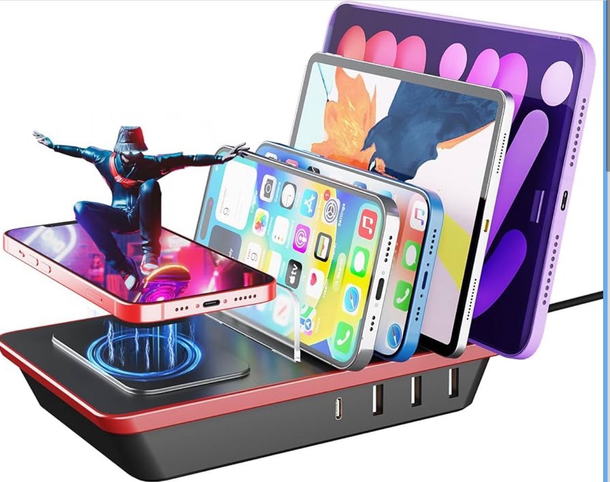 Charging Station for Multiple Devices, 85W 4 Ports Charger Station with Powerful 18W PD USB C Ports, 15W QI Wireless Charger and 3 USB 5V / 4.8A Charg