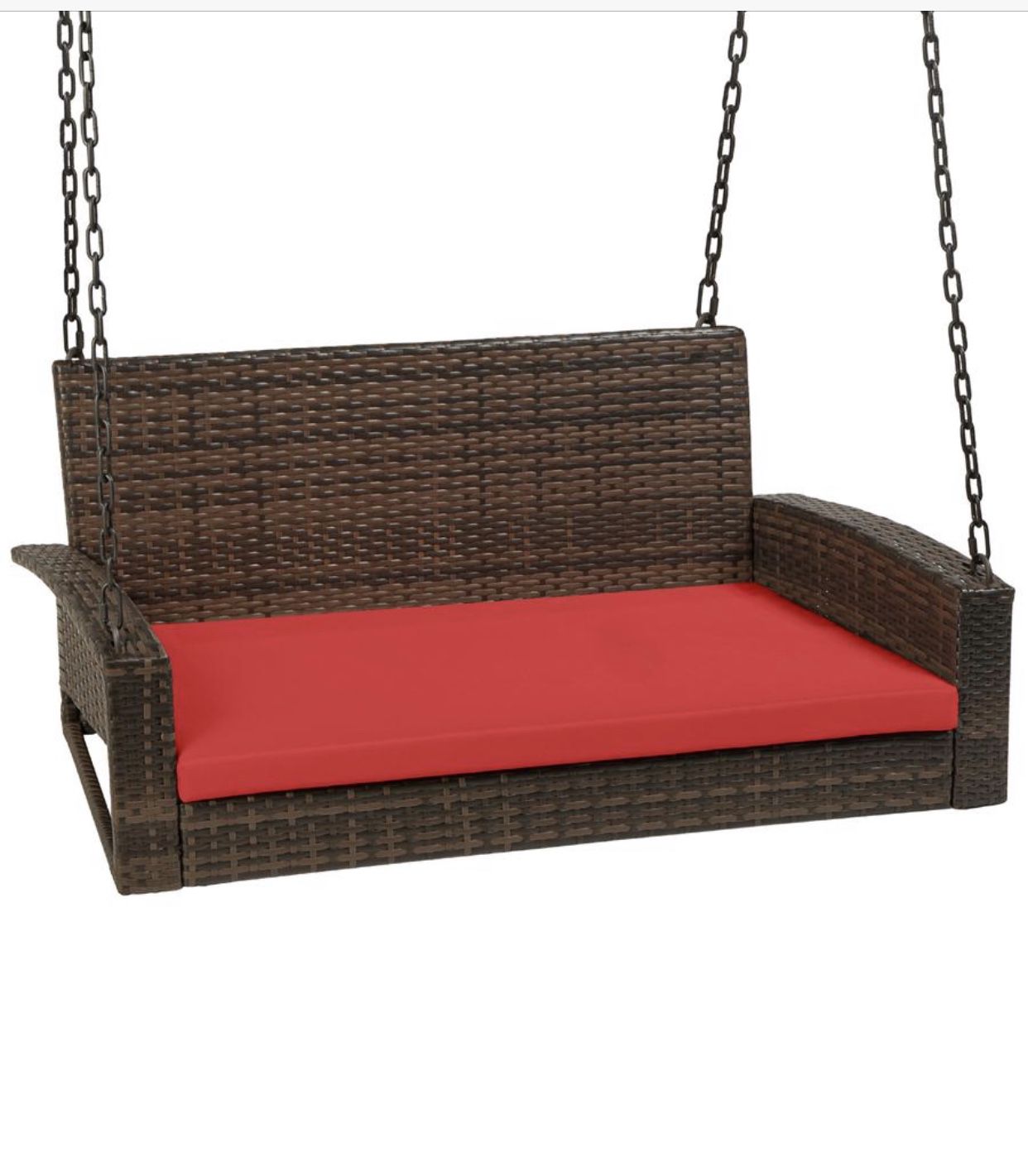 New in box Woven Wicker Hanging Porch Swing Bench w/ Mounting Chains, Seat Cushion