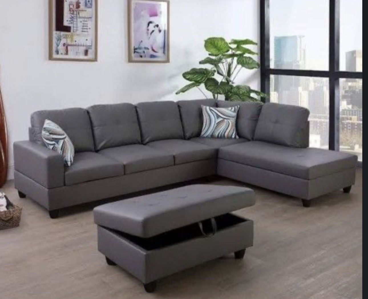 Stone Gray leather sectional couch and ottoman
