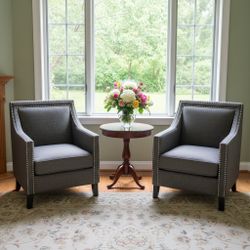 Pair of Traditional Gray Club Chairs with Nailhead Trim – Excellent Condition