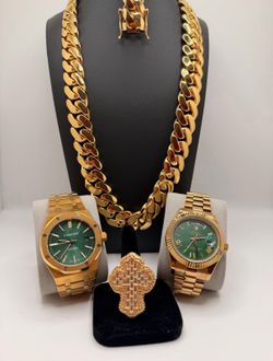 Miami Cuban Link Gold Chain Bracelet | Jesus Cross Baugette Ring | Luxury Watch Set