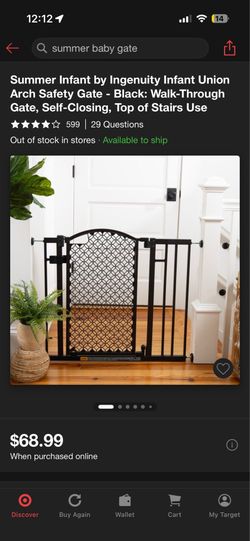 Summer Infant by Ingenuity Infant Union Arch Safety Gate - Black: Walk-Through Gate, Self-Closing, Top of Stairs Use