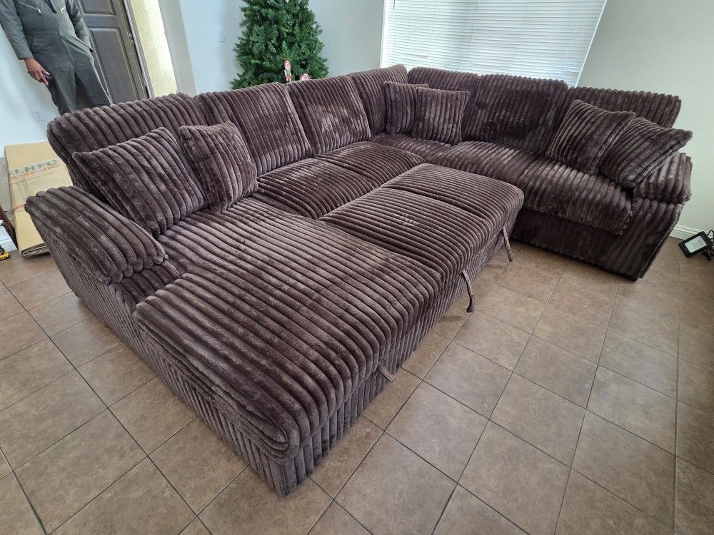 Brand New Sectional Corduroy Fabric Brown With Pull Out Bed & Storage $1499