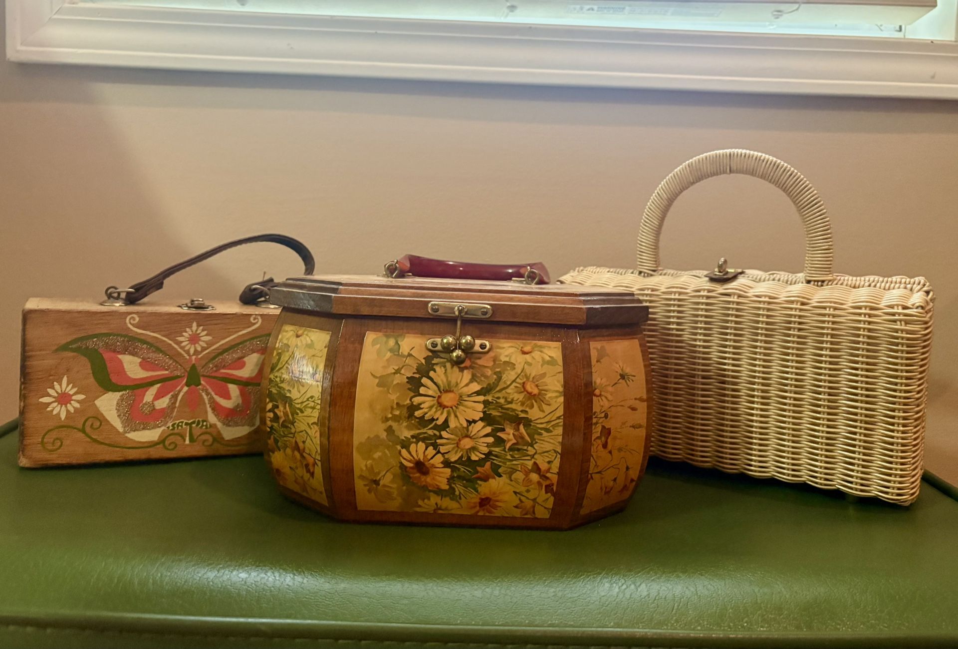 3 Vintage Purses 2-Wooden and 1-Wicker Purse ($50 EACH)