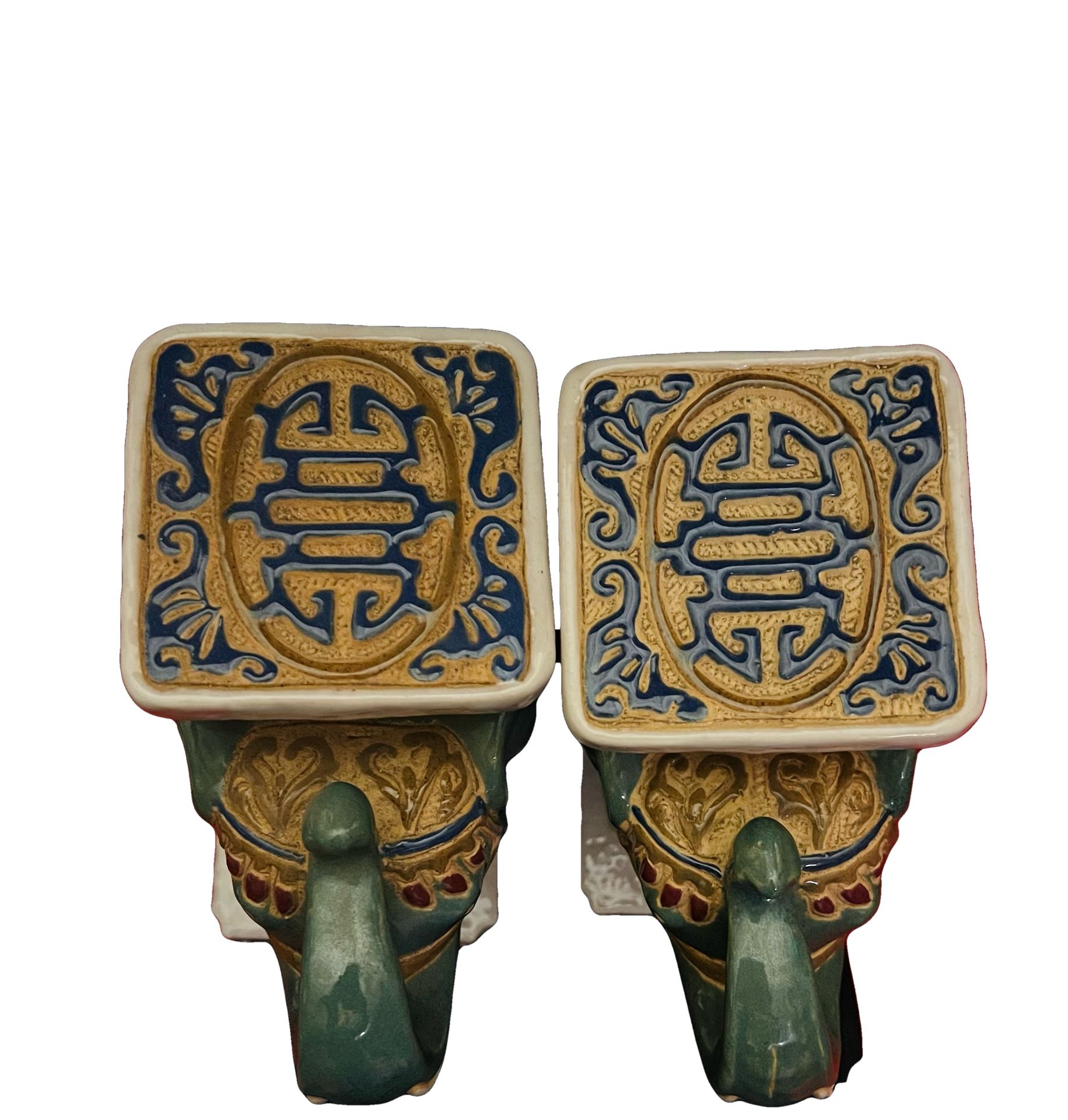 💕 Vintage (NEW) SET of 2 (PAIR) Small Asian Ceramic Glazed Green Blue Red White ELEPHANT Statue, Plant Stand, Bookend 💕