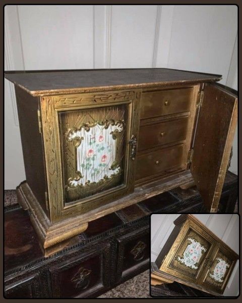 VINTAGE GOLD FLOWER MUSIC BOX JEWELRY STORAGE CABINET ACCENT TABLE DECOR DISPLAY ORGANIZER