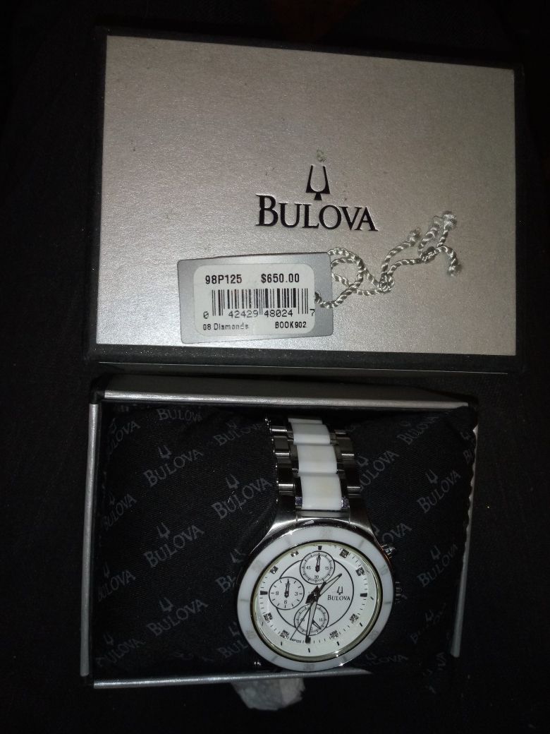 Bulova watch with 8 DIAMONDS and white ceramic and stainless steel