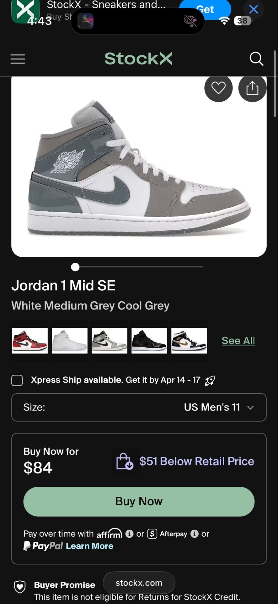 Air Jordan 1 Mid “White Medium Cool Grey” Size 11 (Men’s)