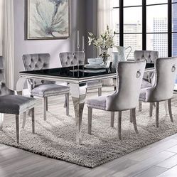 Brand New Glam Gray Chrome Stainless Steel, Tempered Glass 7pc Dining Table Set