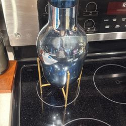 Blue Glass Vase On Gold Metal Stand