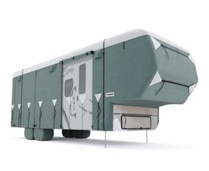 KING BIRD Upgraded 5 Layer 5th Wheel RV Cover, Fits 33-37 ft with 2 Extra Windproof Straps& 4 Tire Covers