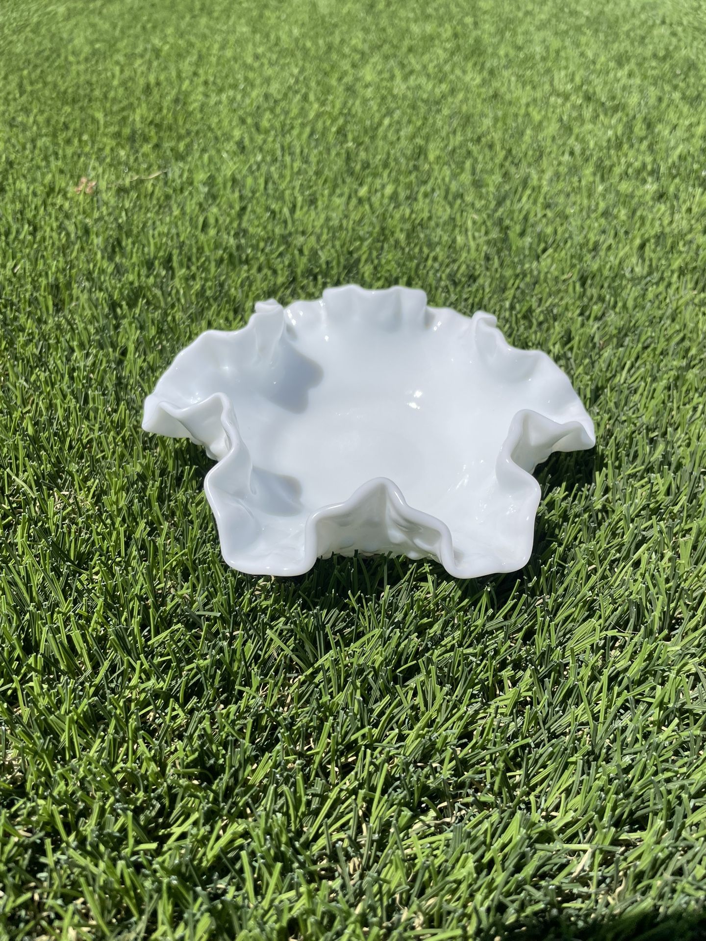 Vintage Fenton Milk Glass Hobnail Candy Dish Crimped and Ruffled Edge
