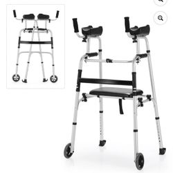 Foldable Aluminum Alloy Walker Wheel Walking Frame with Seat & Armrest Pad