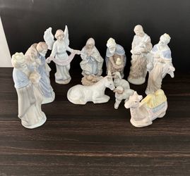 12 Piece Hand Painted Porcelain Nativity Blue Cream Vintage Christmas Holiday