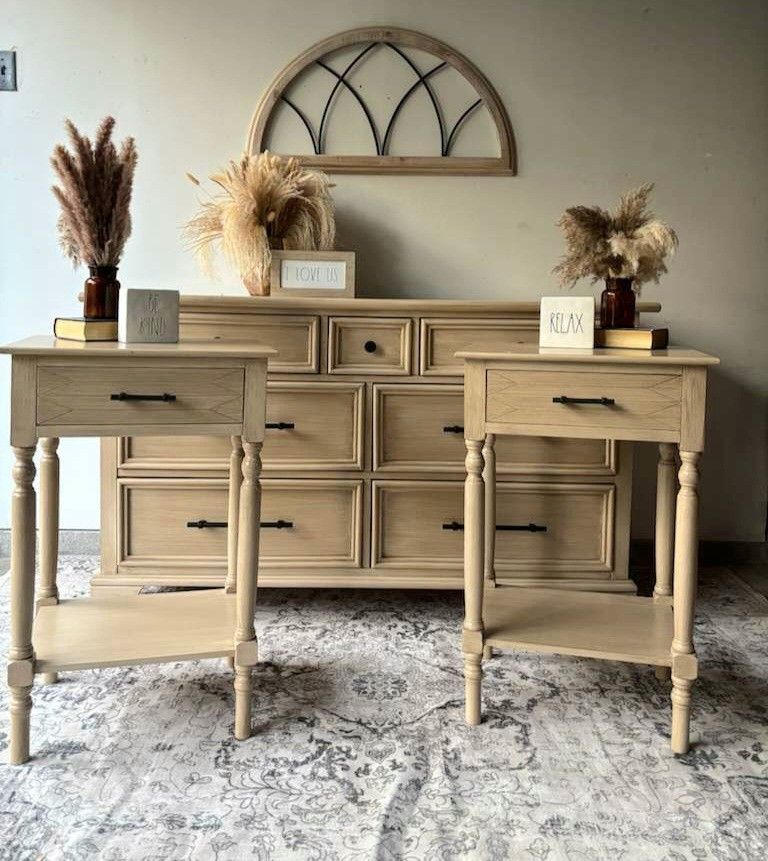 Bedroom Set. 7-drawer Dresser With Matching Pair Of Bedside Tables 7-drawer dresser refinished in a custom taupe with antique glaze to create a PB woo