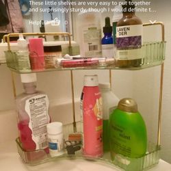 Tier Plastic Bathroom Counter Organizer with Hooks,Corner Vanity Tray and Makeup Storage Shelf for Sink, Countertop (Green Gold) New sealed un assembl