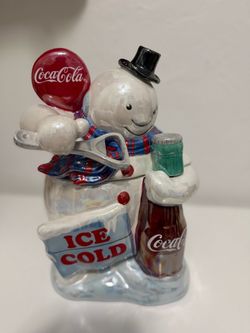 Vintage Coca-Cola Snowman Cookie Jar Ceramic Ice Cold Bottle Balloon Top Hat