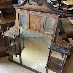 Stunning antique solid wood Edwardian style overmantel mirror with shelves and intricate detailing