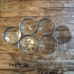 Set of 6 Antique Webster Pierced Sterling Silver & Etched Glass Coasters
