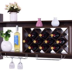 Giantex Wall Mounted Wine Rack Organizer W/Metal Glass Holder & Multifunctional Storage Shelf Modern