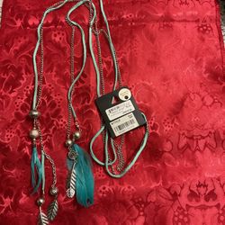 Turquoise Color Tribal Belt,with Silver Accents And Feathers With Rhinestones (MACY’S)