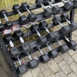 Brand New With Tags 5-50 Complete Set Of 10 Pairs Of Rubber Hex Dumbbells With Rack