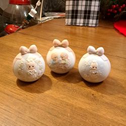 Collectible Precious Moments Set Of 3 Bisque Porcelain Christmas Ornaments, Hand Painted In Beautiful Pastels