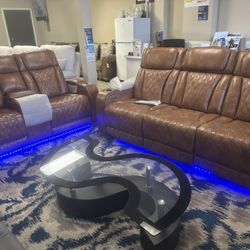 New power recliner Sofa And Loveseat with Massage, drop down table wireless and USB chargers Bluetooth and speakers build in LED lights 