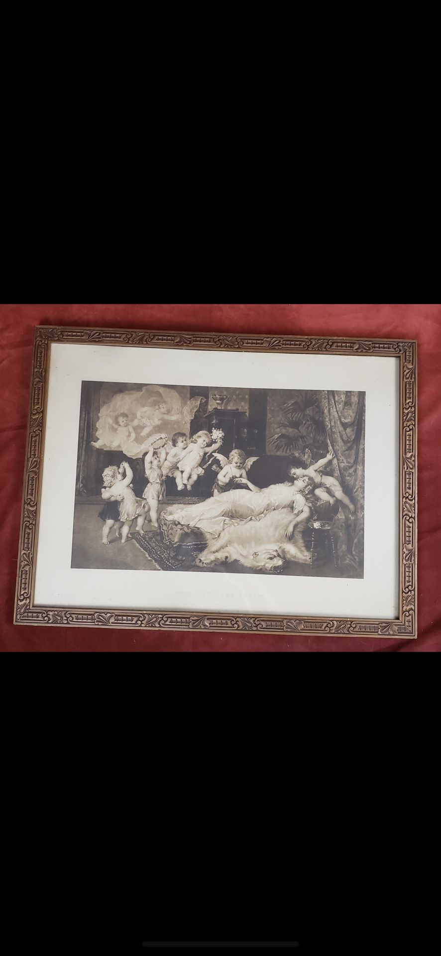 Antique framed Franz lefler sepia lithograph marriage wedding dream 18x24