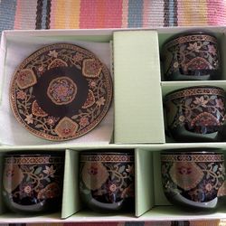 Vtg Japanese Utsuwa Kobo Porcelain 5 Tea Cup & Saucers Gift Set Floral Boxed
