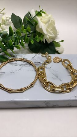 2Pcs Set Gold Plated Bamboo Thick Chain Link Chain Charm Bracelet, Gold Color