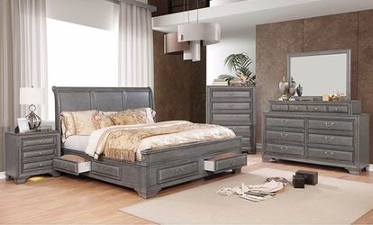 Brand New 4 Piece Grey Wood Bedroom Set with Storage Drawers