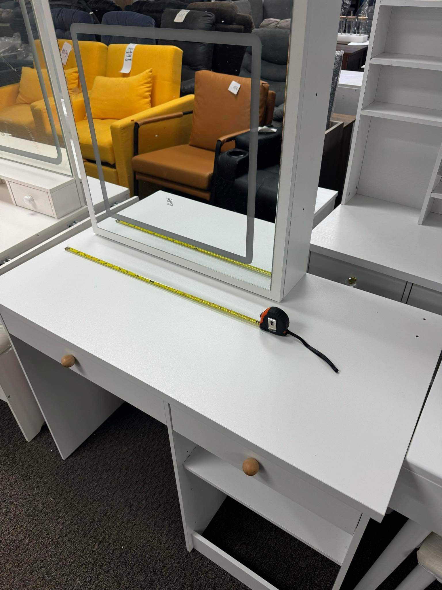 Contemporary White Makeup Vanity with Lighted Mirror, 4 Drawers, and Cabinet Storage. MISSING the drawers and shelfs with Red Cross 
