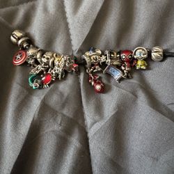 Pandora Leather Braclet With Disney And Marvel Charms 