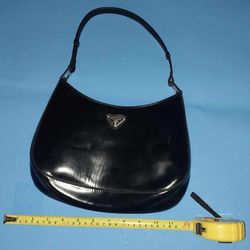 Prada Milano Cleo Genuine Shoulder Small Bag Hand bag Women Brushed Leather Black Color