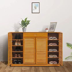 MoNiBloom Bamboo Shoe Storage Cabinet Shelf Stand with 2 Double Shutter Doors & 1 Drawer for 26-30 Pairs Entryway Hallway Living Room Bedroom, Brown