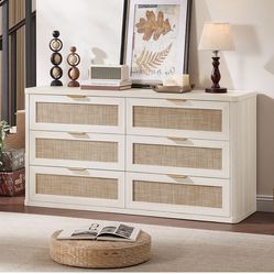 54 Inch Wide Rattan Dresser, 6 Drawer White/Grey, Bedroom or Living Room, New in Box
