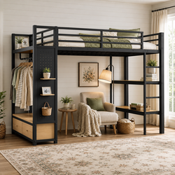 Lilwen Twin XL Metal Loft Bed with Open Wardrobe, Pegboard and Storage Drawers
