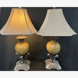 Pair of Ornate table lamps with textured globe centerpiece and studded shade. 1970s. One lamp for decoration only, not working. Second lamp has broken