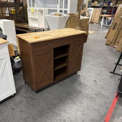 Kitchen Island On Wheels, Brown Rolling Kitchen Island Cart with Solid Wood Drop Leaf Breakfast Bar, Barn Door Kitchen Islands with Storage Cabinet an