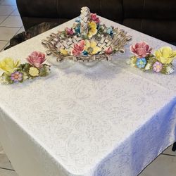 Antique Ceramic Flower Basket With Candle Holders 