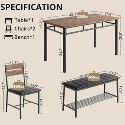 🥨IRONCK Dining Table Set for 4, Kitchen Table with Upholstered Bench and 2 Chairs, Kitchen Table and Chairs Set for Small Space, Apartment, Rustic Br
